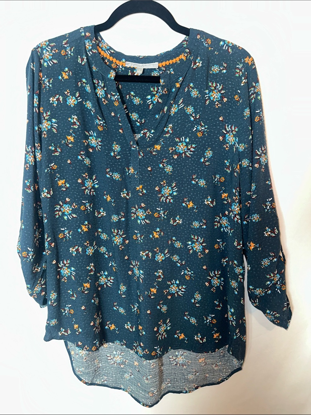 Daniel Rainn Teal Floral V-Neck Blouse